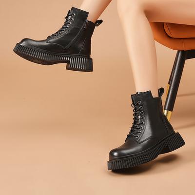 New Winter Women's Lace Up Round Head Mid-Calf Soft Platform British Style Leather Short Boots Female Trend
