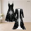 Women Plus Size Two Piece Set V Neck Strappy Flared Dress Long Sleeve Open Front Long Cardigan Printed Black Green Gold