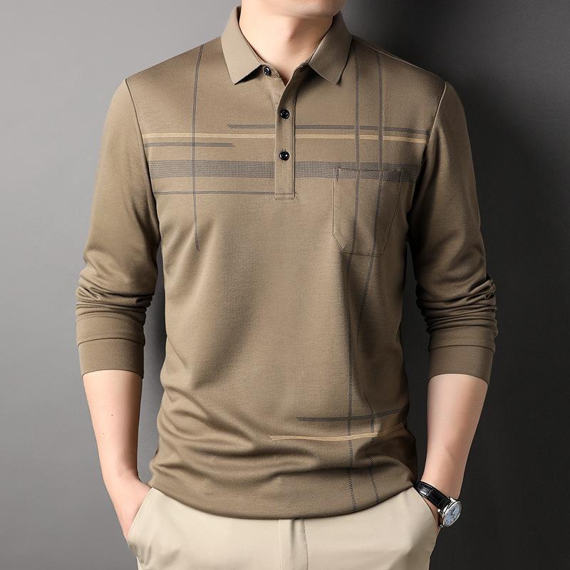 Fall Winter Men Long-Sleeved T-shirt Fashion Casual Polo Collar Striped Polo Shirt Daddy Men's Outfit Bottoming Shirt Top T-shirt Men
