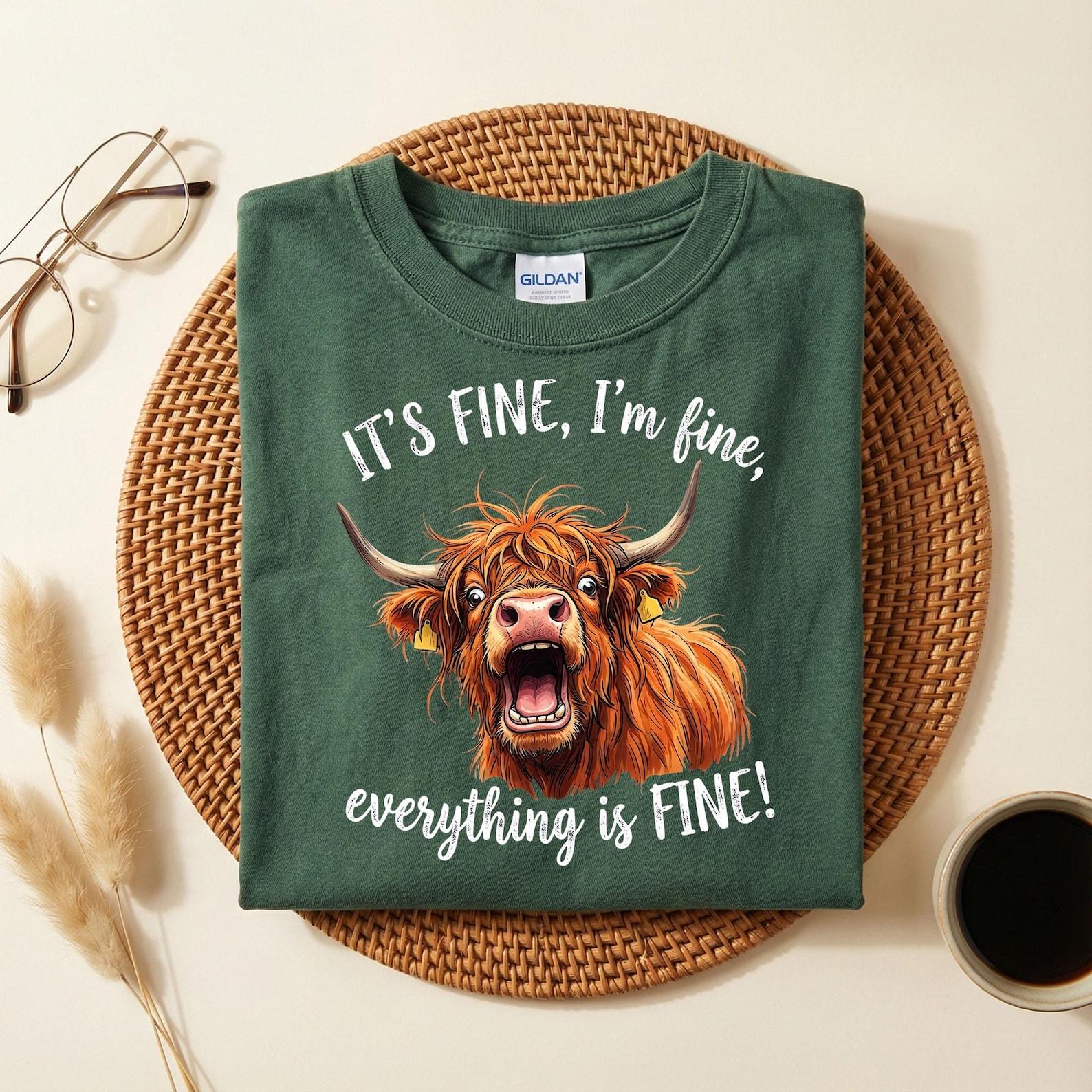 It’s Fine I’m Fine Everything Is Fine Cow Shirt, Scottish Highland Cow Shirt, Sarcastic Cow Graphic T-Shirt S
