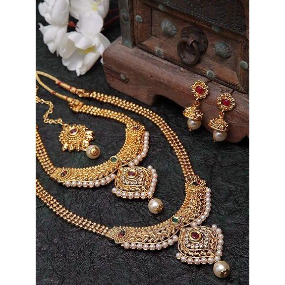 18k Gold Plated Long Short Necklace Combo Stylish Traditional Pearl Jewellery Set for Women