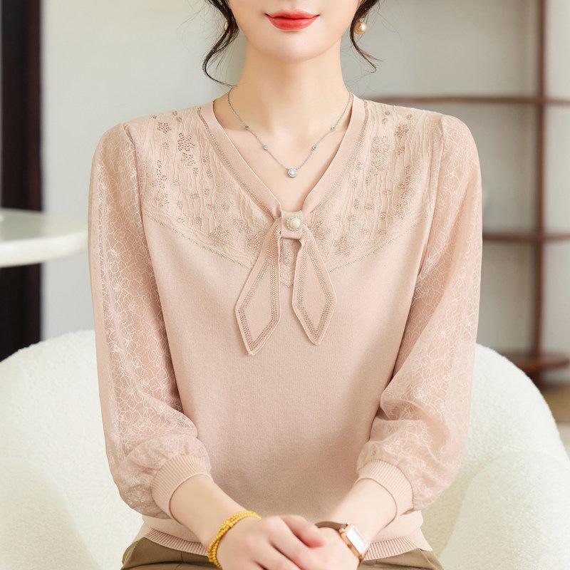

Mom s Spring Knit Top with Gauze Sleeves - Stylish Mid-Aged Women s Summer Seven-Sleeve Layer Top 2XL (125-135 jin)