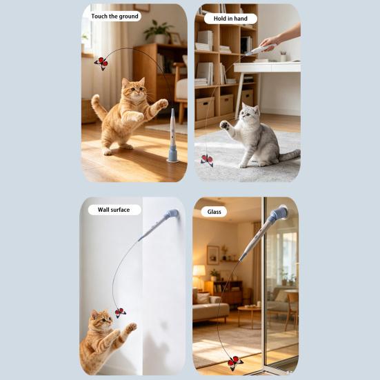 Brinquedo Varinha Borboleta Elétrica para Gatos, Vara de Provocar Gatos com Ventosa, Brinquedo Automático Interativo de Vara para Provocar Gatinhos para Exercício e Brincadeira de Gatos