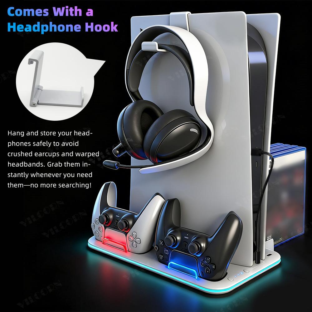 Cooling Stand for PS5 PS5 Slim PS5 Pro Compatible Console with Dual Controller Charger and RGB Light