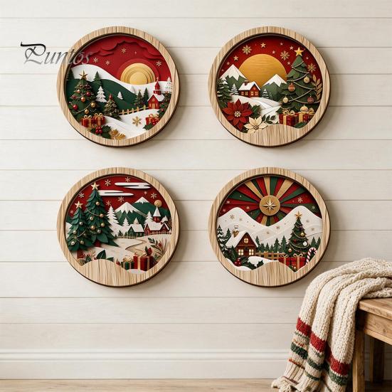 Living Room Wall Ornament Round Wooden Winter Mountain Art with 3D Layered Snow Scenery for Holiday Nature Inspired Home Decor Decor, Rustic Christmas