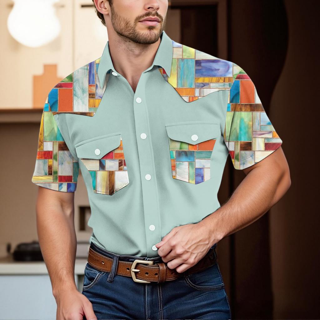 Pánské módní s klopou a krátkým rukávem ležérní top délky po ramena