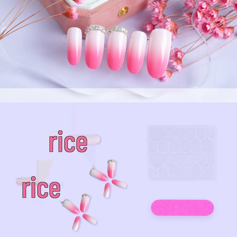 

Роскошные розово-белые градиентные овальные накладные ногти с бриллиантами - стиль французского края