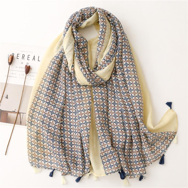"Bali Yarn Cotton-Linen Scarf: Fresh Solid Color, Fruit Green & Bright Yellow Leaf Print with Tassel Detail"
