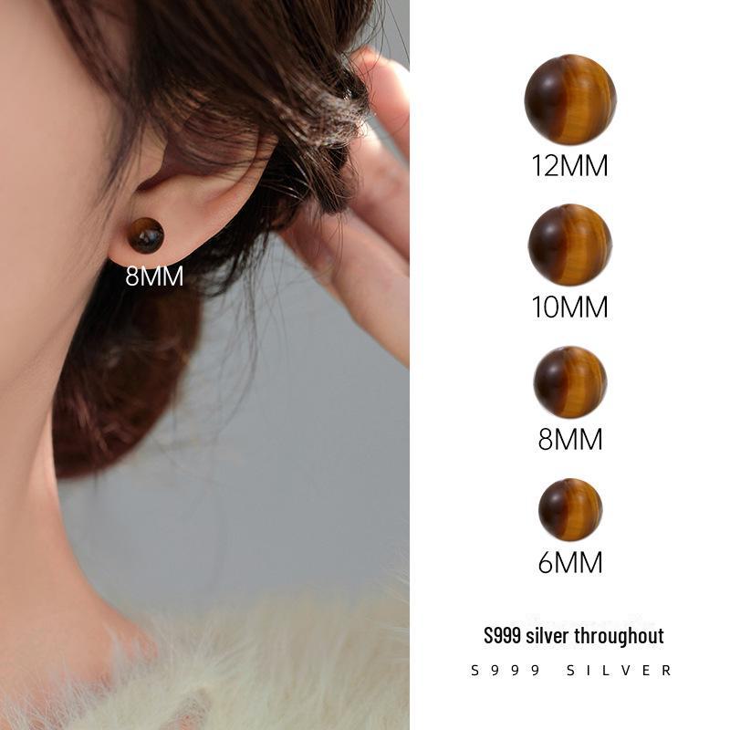 Banyan Tree Silver Tiger Eye Stone Earrings: Retro & Fashionable High-End Autumn/Winter Women's Jewelry