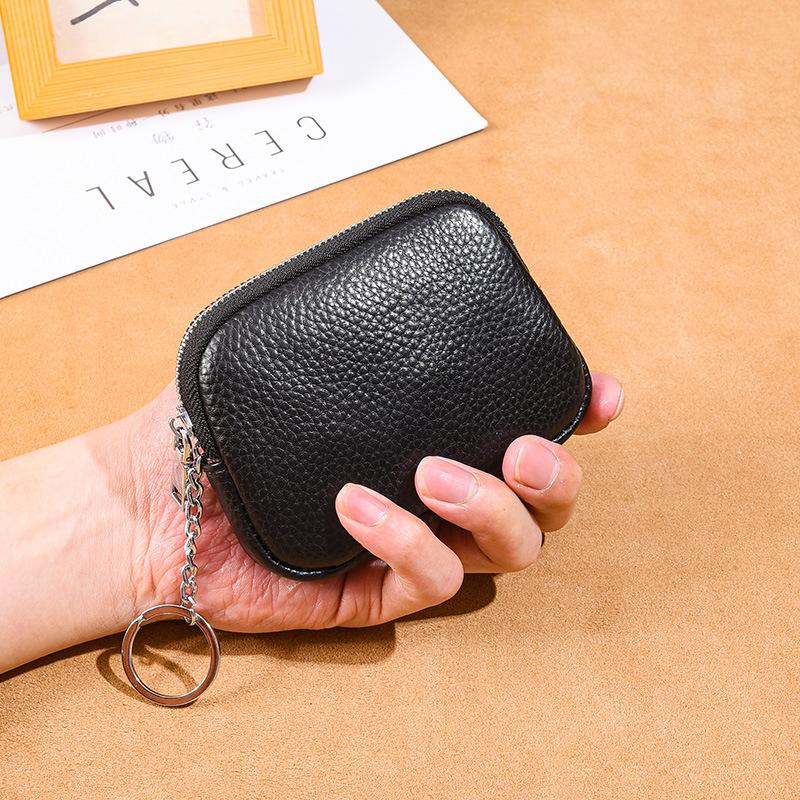Leather hand zipper small wallet women's first layer cowhide mini bag key storage coin bag cute change bag