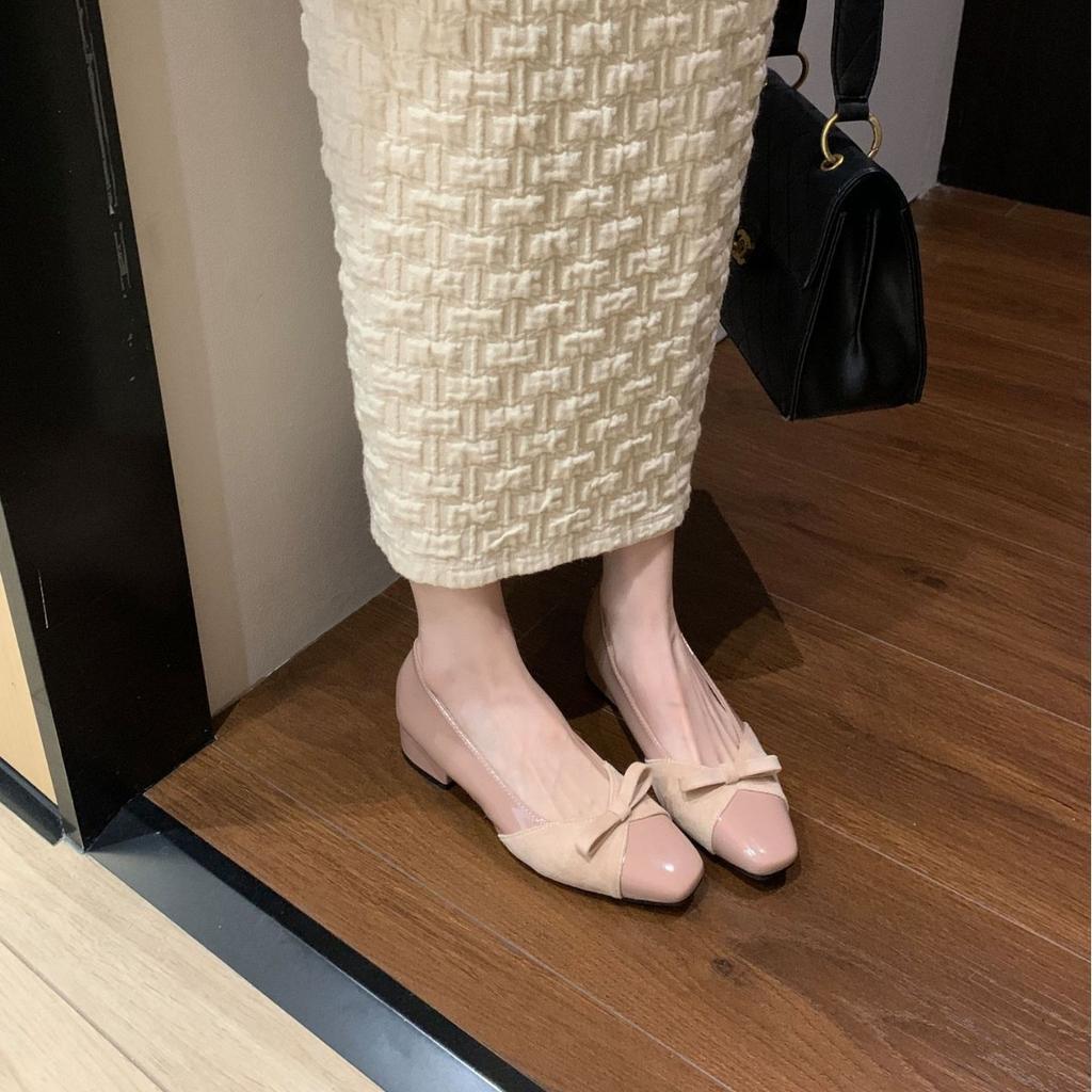 French Thick Heel Fairy Patent Leather Bow Single Shoes Light Mouth Square Head Commuting Splicing Low Heel Shoes Gentle Red Nude