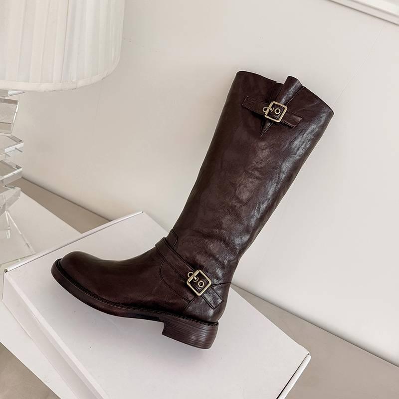 Autumn and winter women's leather boots versatile medium heel leather knight boots round head side zipper new cowhide big tube high boots