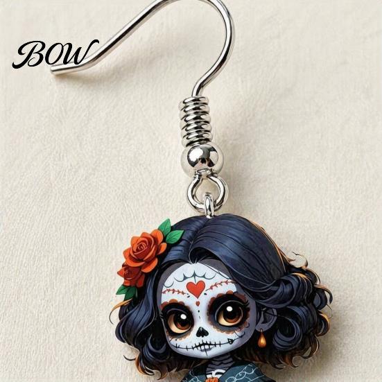 Day of The Dead Earrings Halloween Witch Earrings, Gothic Drop Lightweight Acrylic Pendant Anti-rust Alloy for Women Girls Accessories