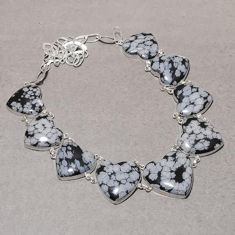 Natural Snowflake Obsidian Necklace 18" Adjustable Chain Heart Gemstone Jewelry