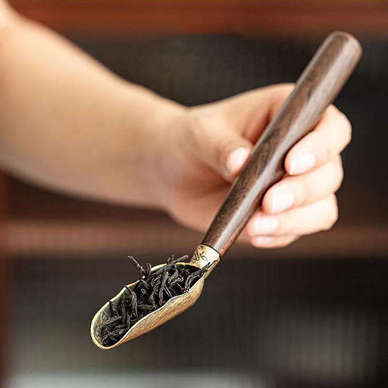 Solid Wood Tea Spoon Wooden Long Handle Alloy Divided Teaspoons Tea Kong Fu Ceremony Utensils Tea Nuts Scoop Spice Shovel