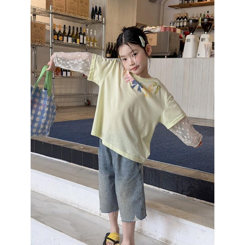 Girls Sweet Korean Style Fake Two Piece Lace Patchwork Short Sleeve T Shirt