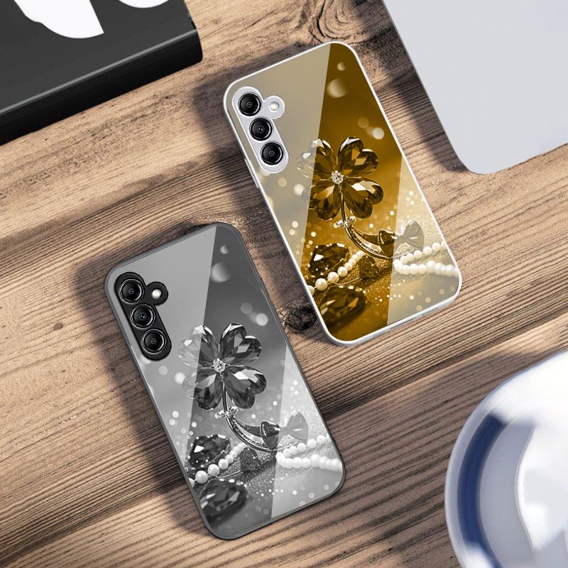 Lucky Four Leaf Flower For Samsung Galaxy A14 4G 20 30 52 20S 21S 22 A32 33 34 42 50 51 53 54 70 71 72 73 5G Glass Phone Case