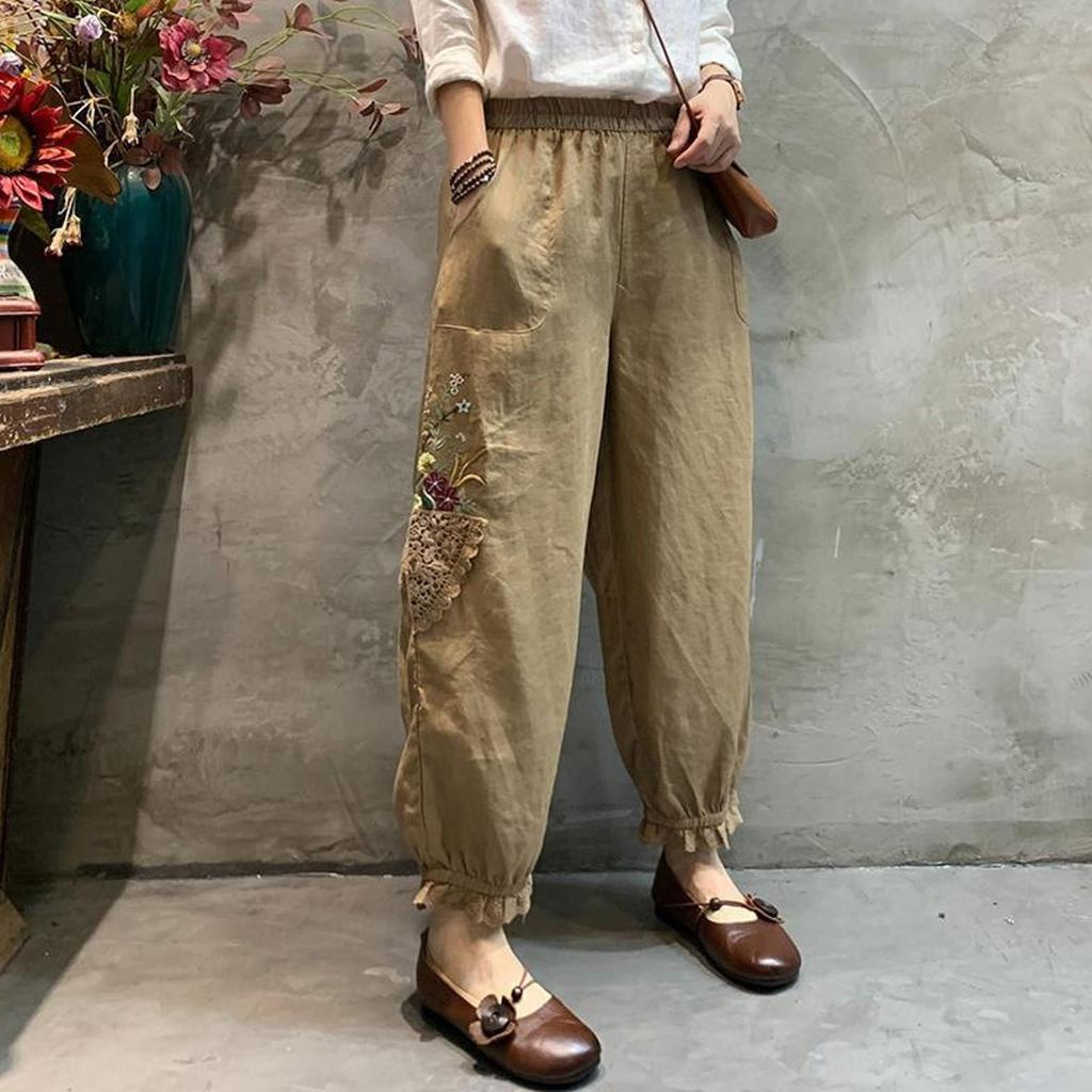מכנסי קז'ואל לנשים נוחים עם כיס אלסטי נושמים מכנסיים כותנה פשתן הרג'וקו מכנסי מותן רפויים מכנסי אופנה קוריאנית