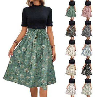 Women's Fashion Casual Belt Short Sleeve Round Neck Floral Elegant Temperament Dress