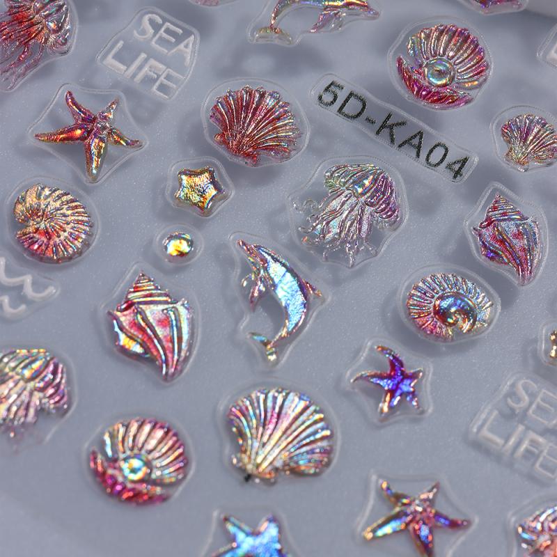 Embossed Jellyfish Shell Ocean Nail Art Sticker Self Adhesive Marine Life Whale Nail Decals Manicure Diy Supplies Nails Slider