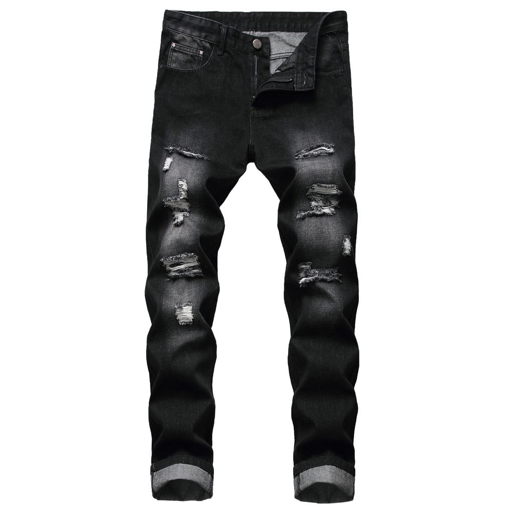 Men's Light Ripped Slim-Fit Straight-Leg Distressed Denim Jeans