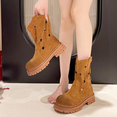 Moda Yaz/Sonbahar 2024 Botlar Kadın Kalın Topuklu Kısa Botlar Fransız Vintage Oyuk Yıldız Yuvarlak Burunlu Batı Kovboy Botları Kadın Gotik Ayakkabılar