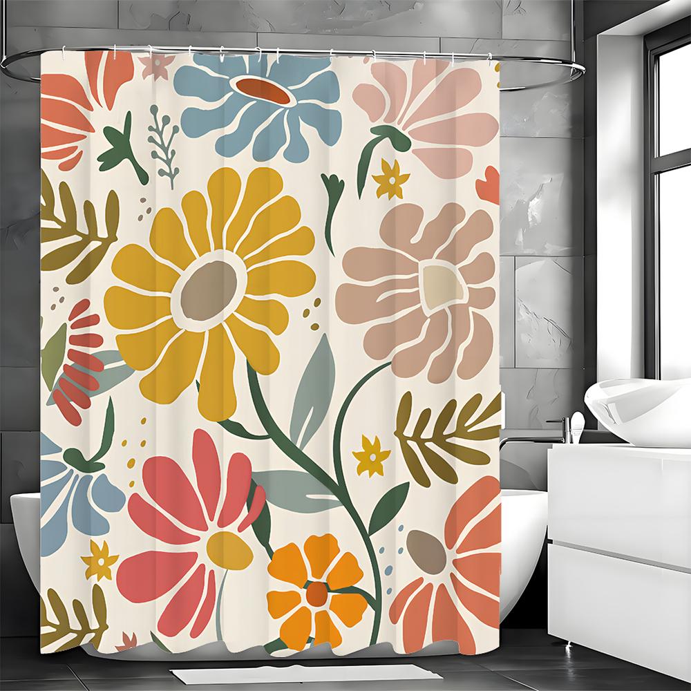 Colorful Flower Shower Curtain, Bathroom Decorative Shower Curtain, Waterproof Shower Curtain with Hooks