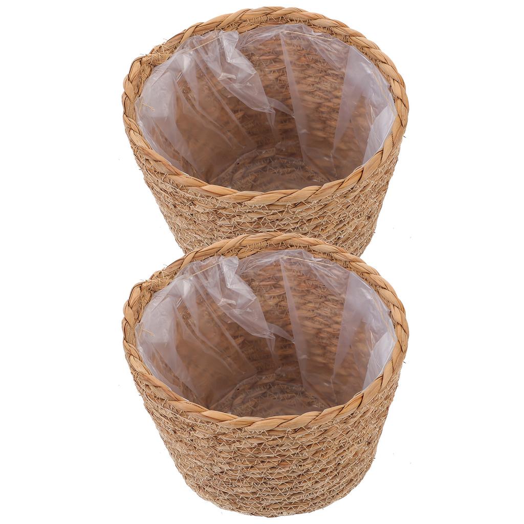 2pcs Rattan Flower Woven Handmade Straw Indoor Plant Storage Basket Home Decor Lightweight Compact Size Seagrass Planter