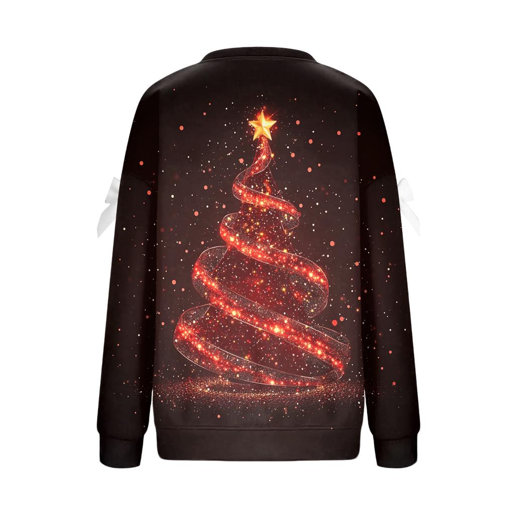 Ladies' Christmas Printed Bow Round Neck Long Sleeved Loose Pullover Sweater Sweatshirt Top