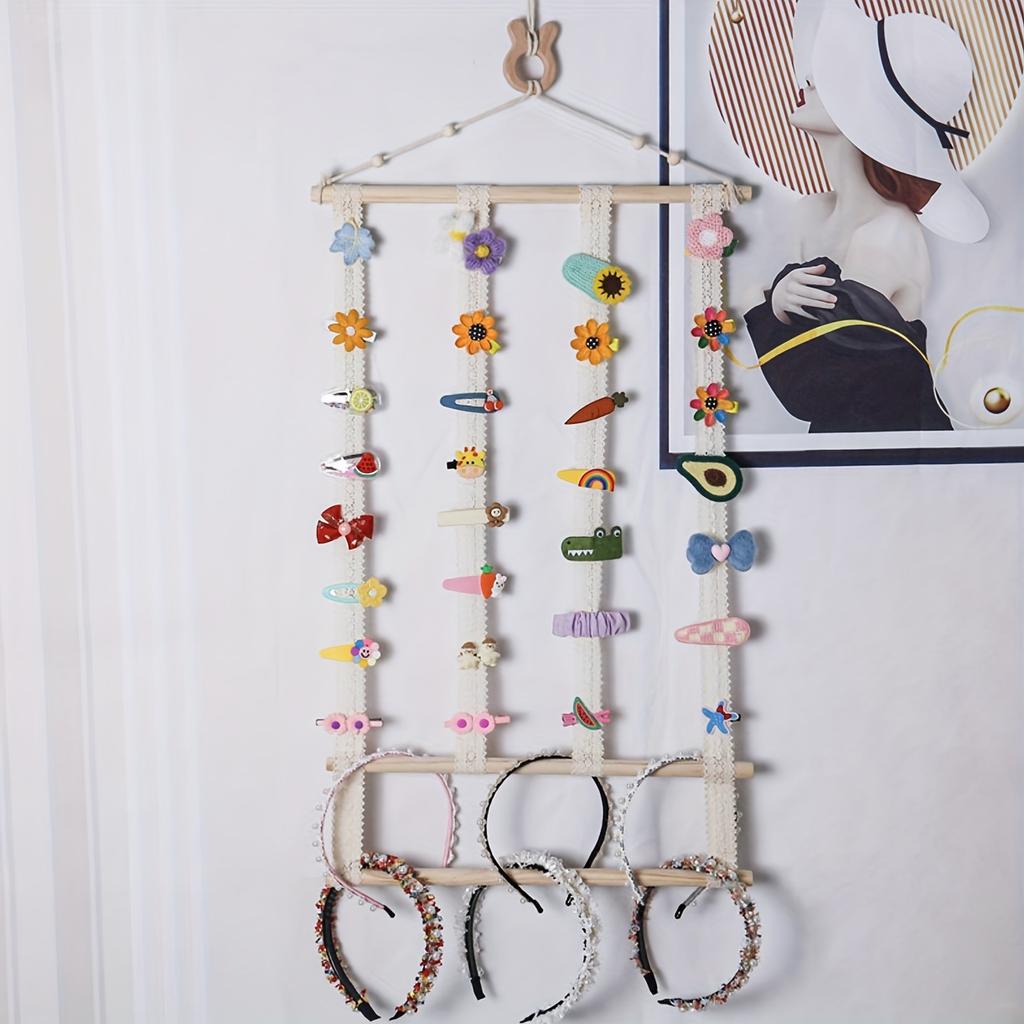 Wall-Mounted Hair Accessories Organizer Macrame Canvas Hanger with Multiple Hooks for Bows, Scrunchies & Clips Storage Display Rack, Hair Accessories