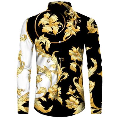 Golden Flower Pattern Print Men's Shirts Casual Single-Breasted Cardigan Long Sleeve Shirt Fashion Trend Tops Men Clothing