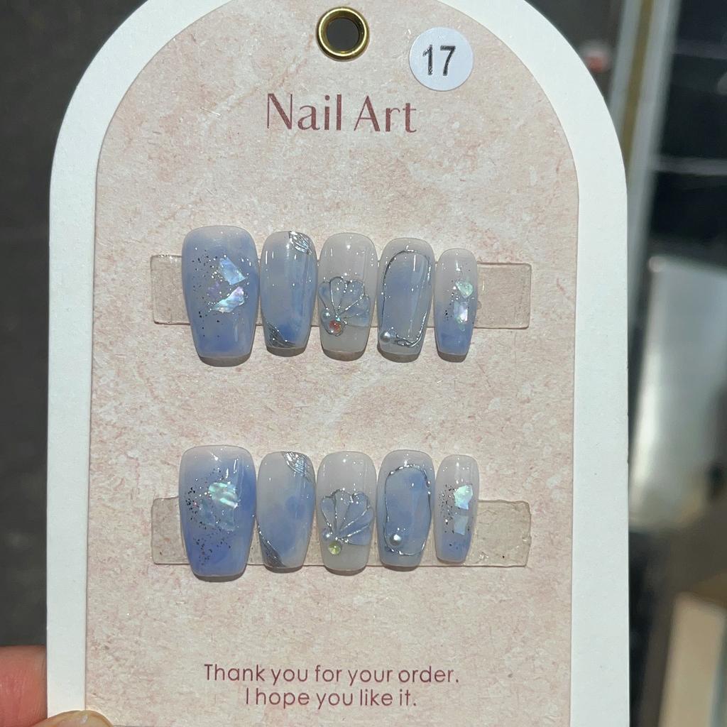 10Pcs Blue Handmade acrylic Nails Set Press on Professional Full Cover Nail Tips Manicure Angel Rose Design Wearable False Nails