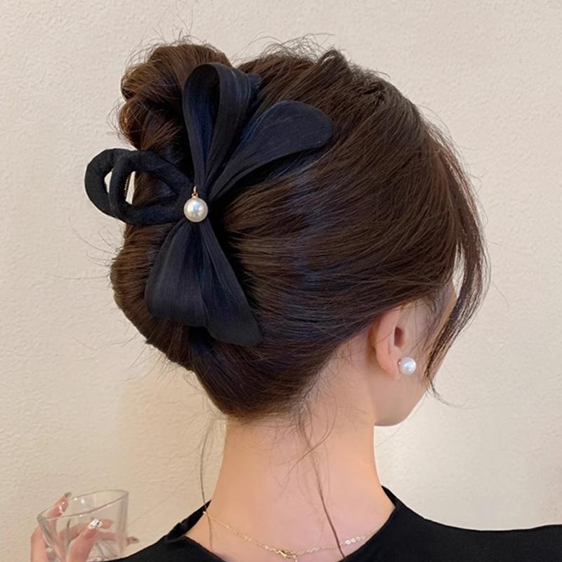 French Pearl Bow Pleated Hair Clips Women Korean Elegant Shark Clip Hair Accessories
