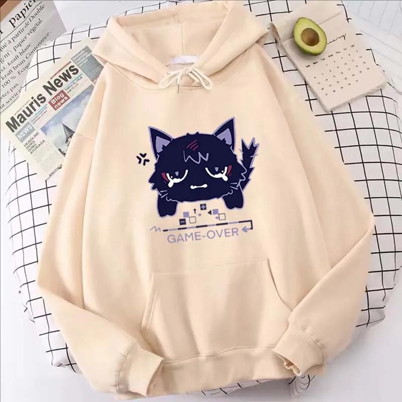 Genshin Impact Cartoon Cat Printed Hoodie Women Casual Autumn Winter Kawaii Harajuku Fleece Long Sleeve Sweatshirts