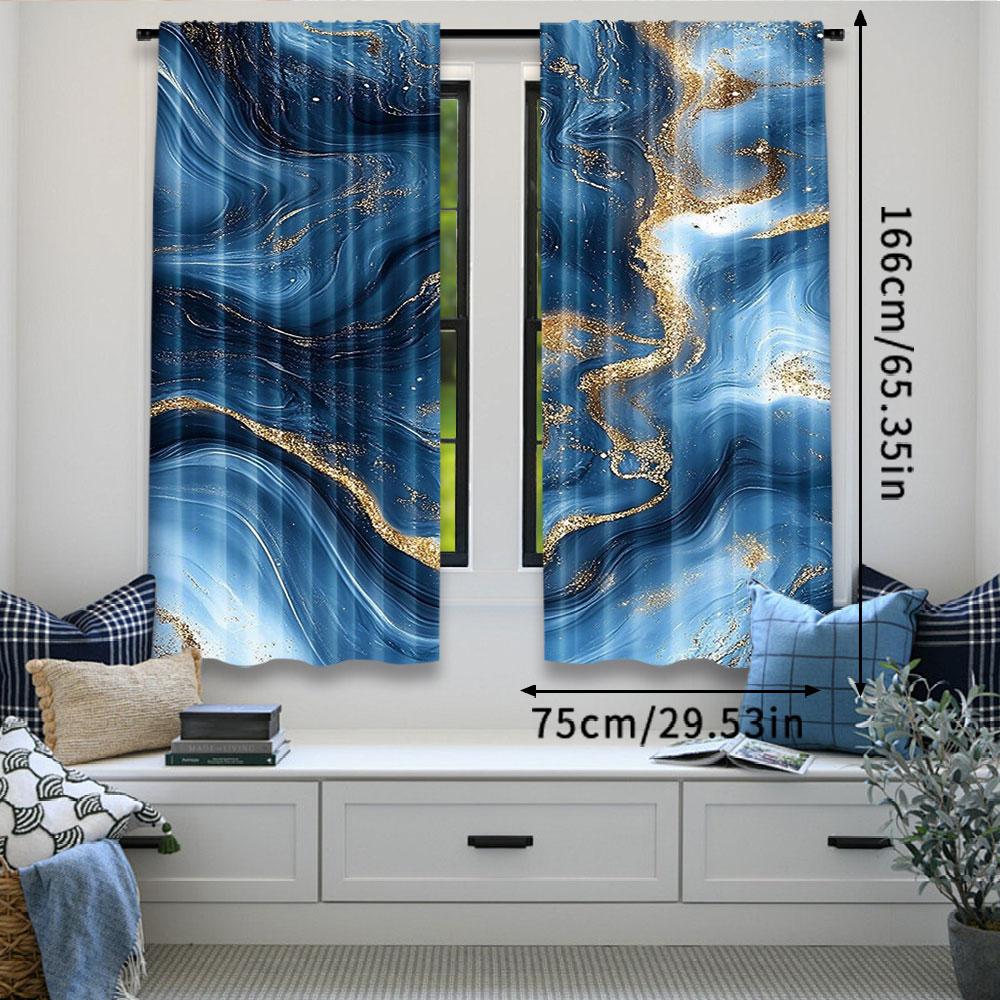 2Pcs Modern Simplistic Curtain Abstract Marble Luxury Art Beautiful Blue And Gold Decorative Window Drapes A