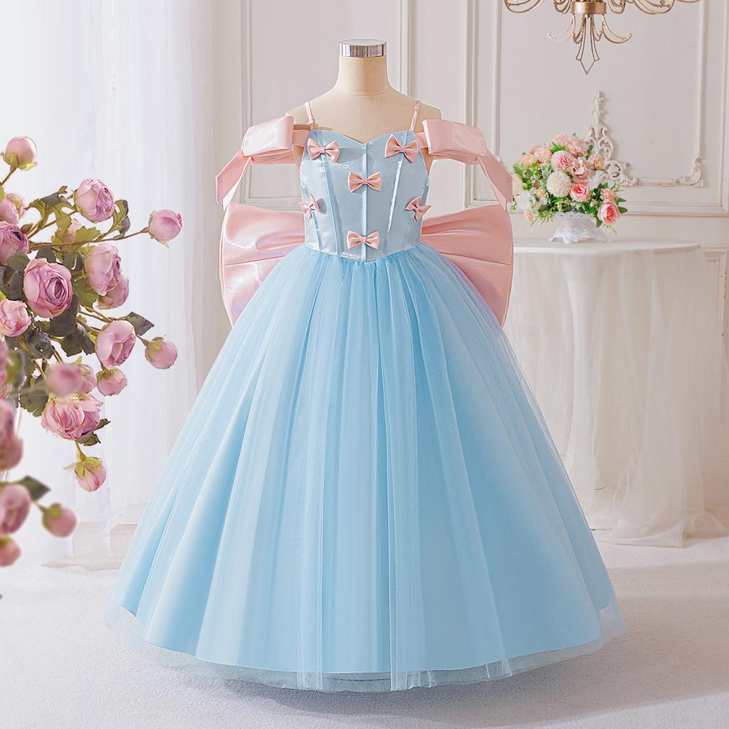 Flower Girl Princess Dress For Weddings Summer Kid Formal Bow Long Gown For School Evening Party Children New Year Cloth LP656