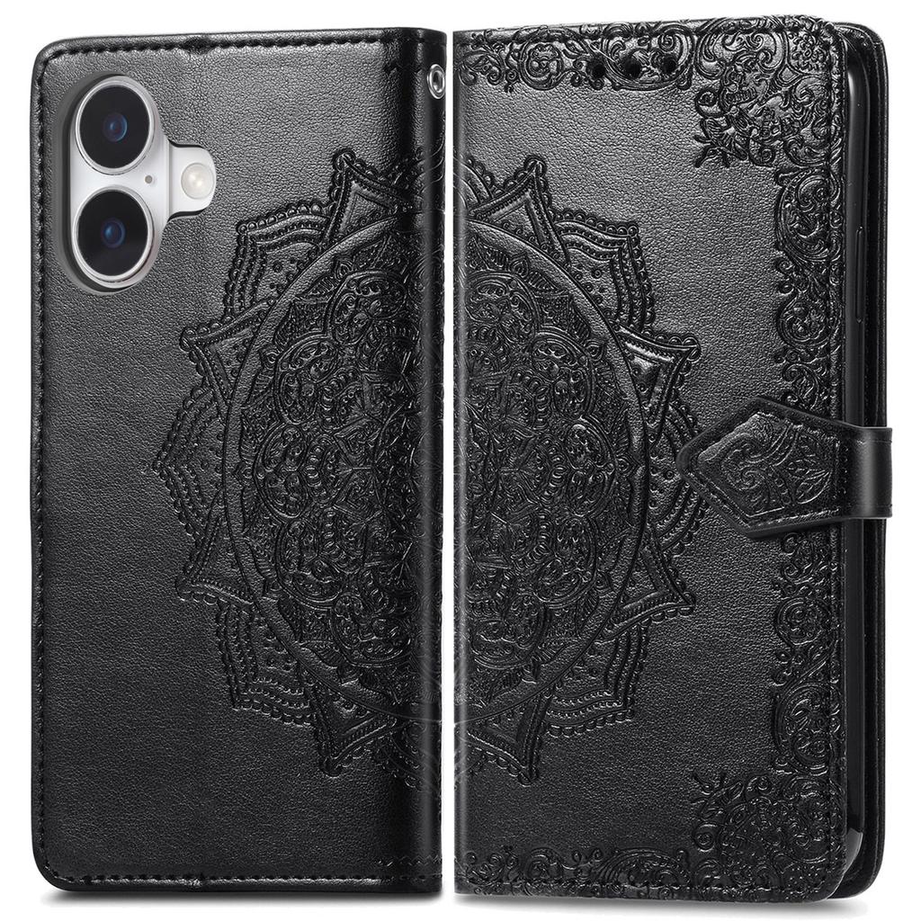 For iPhone 16 Case Embossed Mandala Pattern Leather Phone Cover Wallet Card Slot Holder