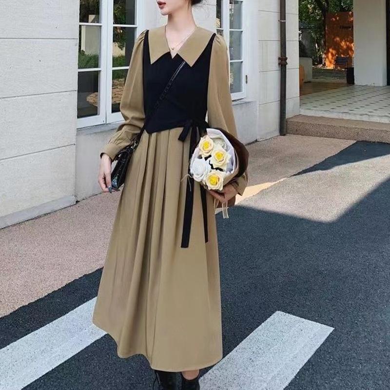 New Spring Autumn French Retro Hepburn Style Lapel Patchwork Long Sleeved Fake Two-piece Dress for Women