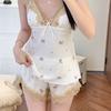 New ice silk pajamas set Internet celebrity print lace casual thin summer suspender shorts spring and autumn