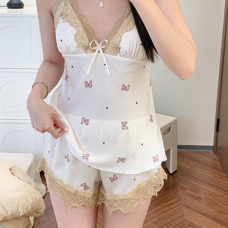 New ice silk pajamas set Internet celebrity print lace casual thin summer suspender shorts spring and autumn