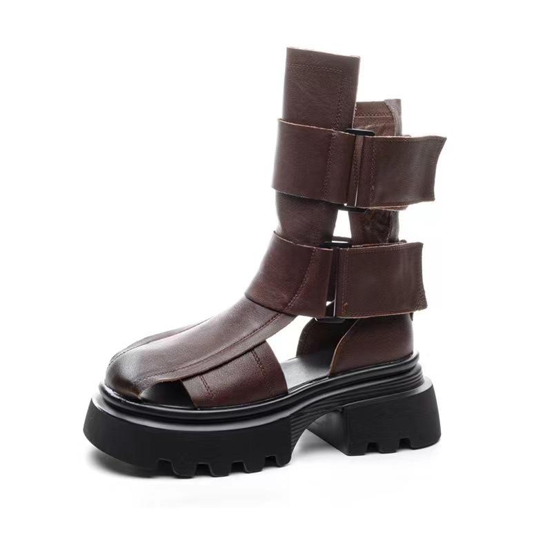 

Модные 6 см Мокасины Женские Ботильоны на танкетке Ретро Летние Этнические Ботинки на платформе с крючком Натуральная кожа Сапоги до колена Полые Дышащие Туфли 40 коричневый