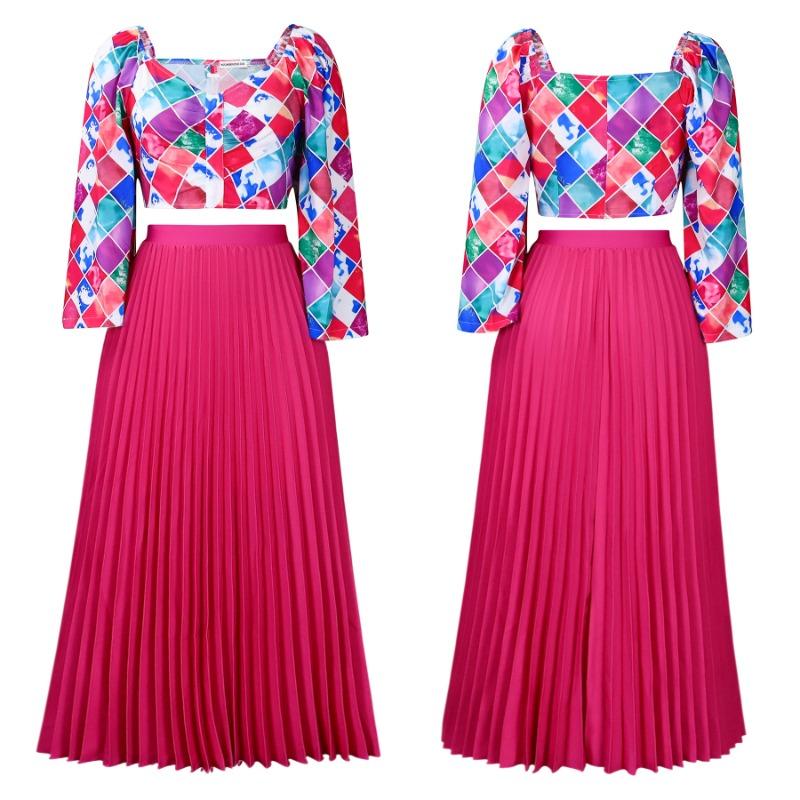 Women V Neck Printed Top Pleated Long Skirt Two Piece Casual Clothing Set