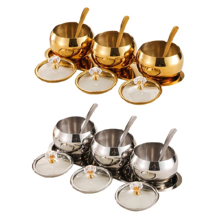 Practical Spices Jar Set with Serving Spoons Stainless Steel Spices Jar Set 3 Sections with Lid and Tray for Serving
