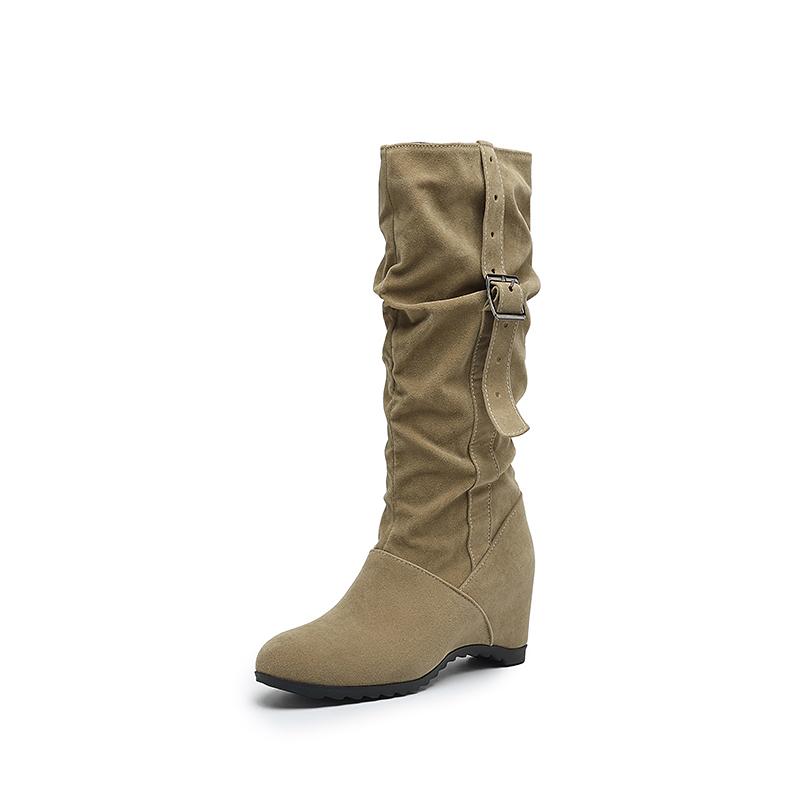 Fashion Mid calf Women's Internal Height Boots Women Shoes High Quality New Round Toe Solid English Style Fashion Casual Buckle Pleated