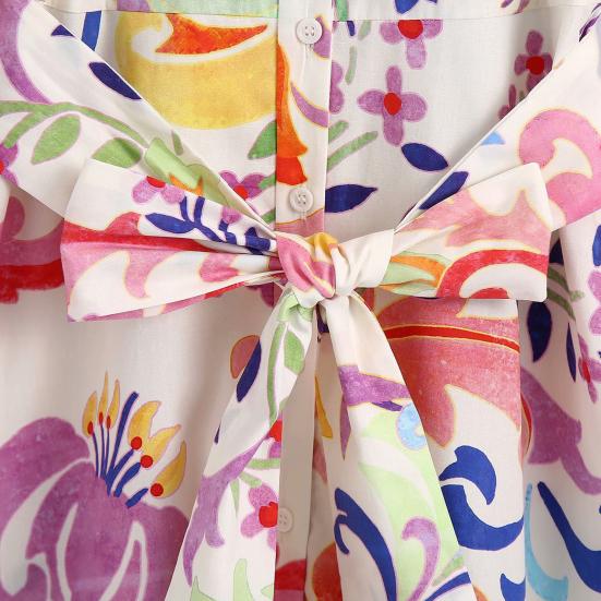 Floral Print Women Dress Turn-down Collar A-Line 45720 Sleeve Single-breasted Mid-Calf Shirt Dress