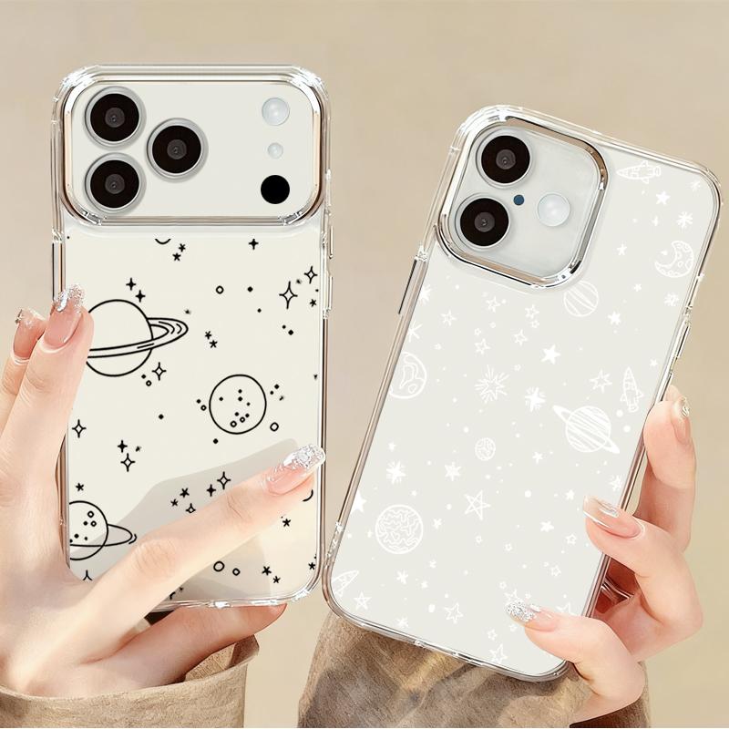 Modern Colorful Stars Pattern Case For iPhone 17 Pro Max Plating Lens Frame Clear Soft Cover For iPhone 16 15 14 13 Pro Max 11 16E 17E