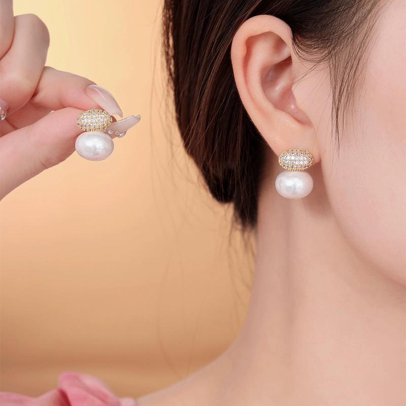 Fashion Oval Imitation Pearl Stud Earrings for Women Geometric Cubic Zirconia Elegant Bridal Earring Wedding Jewelry