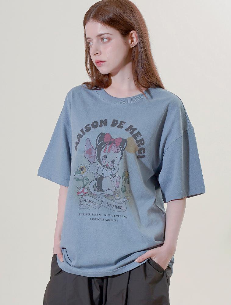 LA MAISON STUDIO Unisex Cutie Cat Pigment Smoky Short Sleeve T-Shirt Navy (Fcf2Ts418M)