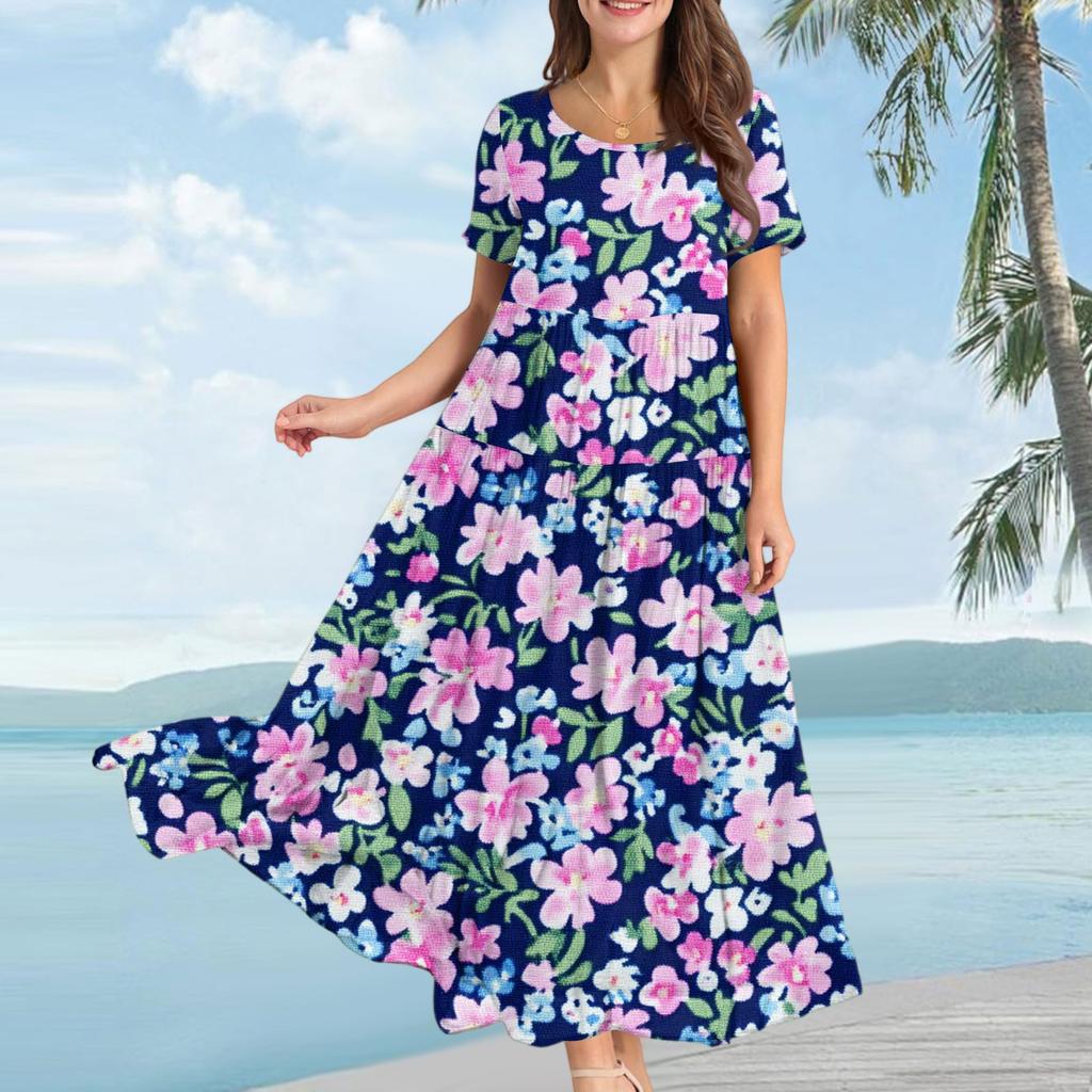 Women's Casual Loose Bohemian Floral Print Short Sleeve Dress