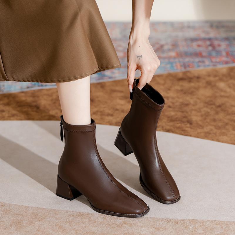 2025 new thick heel short boots women's French square head spring and autumn single boots fashion medium tube thin boots black high heel boots